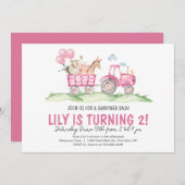 ガールトラクター誕生日ピンクファーム誕生日招待状 招待状 (正面/裏面)