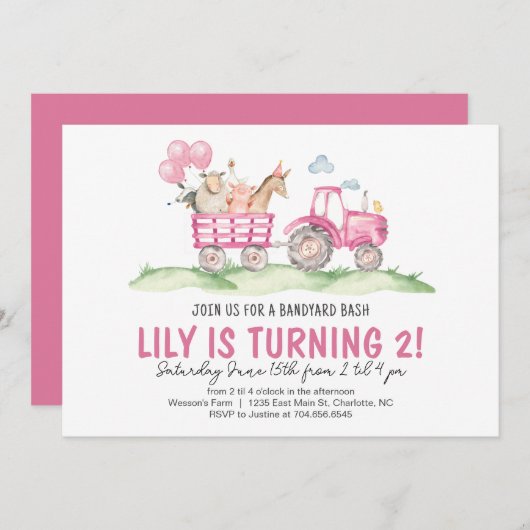 ガールトラクター誕生日ピンクファーム誕生日招待状 招待状 (正面/裏面)