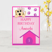 ガールドッグウィズボウ&ドッグハウス誕生日 カード (黄色い花)