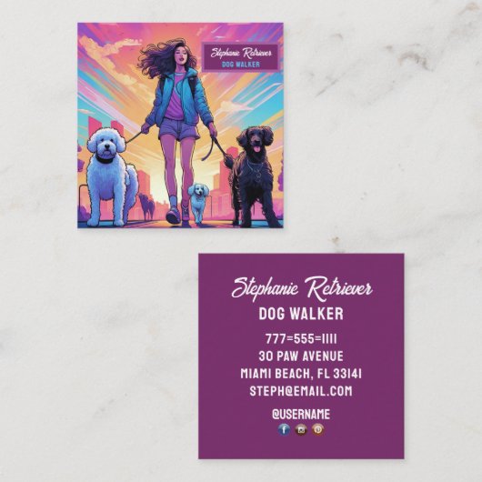 ガールドッグウォーカーペットシッターinブルージャケットピンク スクエア名刺 (正面/裏面)