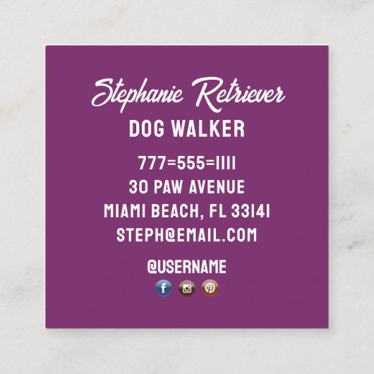 ガールドッグウォーカーペットシッターinブルージャケットピンク スクエア名刺 (裏面)