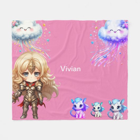 ガールナイト保護ベビードラゴン フリースブランケット (正面(横))