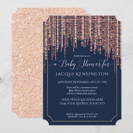 ガールネイビーフリンジバラ金ゴールドグリッターベビーシャワー 招待状 (正面/裏面)
