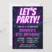 ガールネオンパープルピンクバースデーパーティー 招待状 (正面)