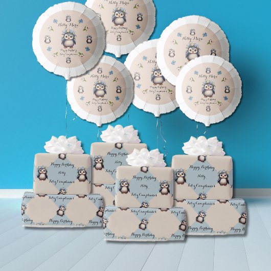 ガールバイリンガルハッピーバースデー用かわいいペンギン ラッピングペーパー