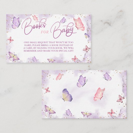 ガールバタフライベビーシャワーブックリクエストエンクロージャ プレイスカード (正面/裏面)