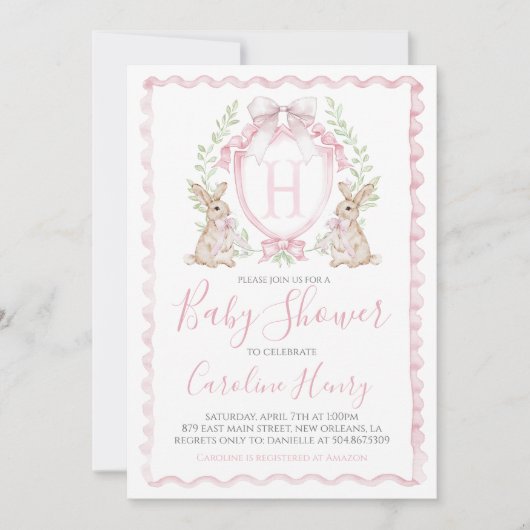 ガールバニーラビットベビーシャワージンガ名門私立校風のムピンク 招待状 (正面)