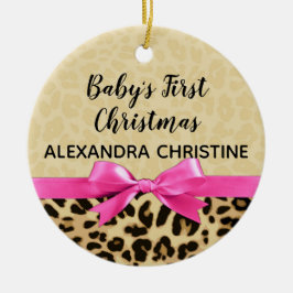 ガールバビー初めてのクリスマスヒョウ印刷ピンクボウ セラミックオーナメント