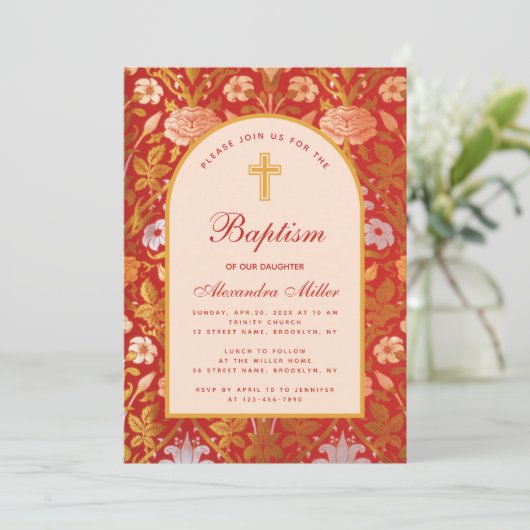 ガールバプティスアーチフローラバラリリーエレガントスクリプト 招待状 (スタンド正面)