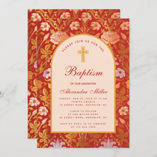 ガールバプティスアーチフローラバラリリーエレガントスクリプト 招待状 (正面/裏面)