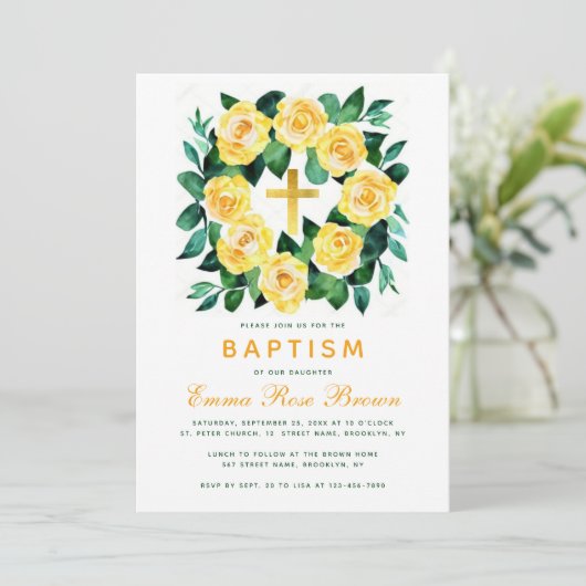 ガールバプティスイエローローズリースフェイク金ゴールド 招待状 (スタンド正面)