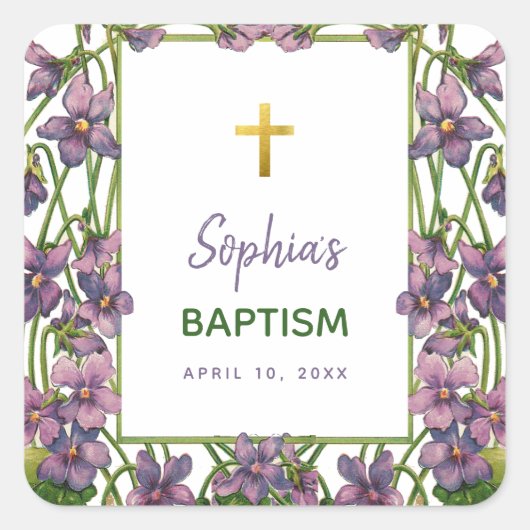 ガールバプティスバイオレットフローラパープルグリーン金ゴールドクロス スクエアシール (正面)