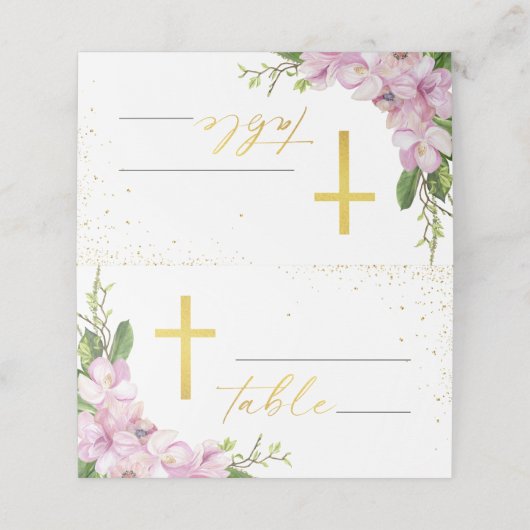 ガールバプティスピンクの花と金ゴールドグロス プレイスカード (外部開封)