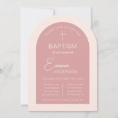 ガールバプティスピンクアーチモダンスクリプトダスティバラ 招待状 (正面)