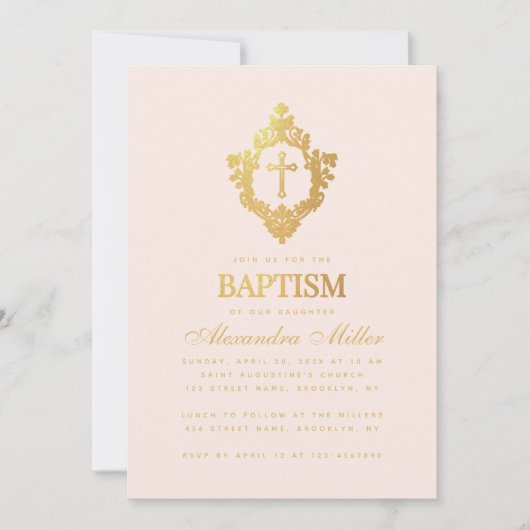 ガールバプティスピンクフェイク金ゴールドクロスインクレスト赤面 招待状 (正面)