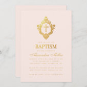 ガールバプティスピンクフェイク金ゴールドクロスインクレスト赤面 招待状 (正面/裏面)