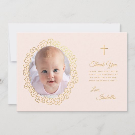 ガールバプティスピンクフェイク金ゴールド写真フローラリース サンキューカード (正面)