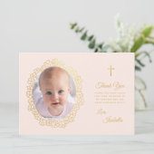 ガールバプティスピンクフェイク金ゴールド写真フローラリース サンキューカード (スタンド正面)