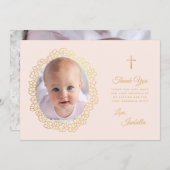 ガールバプティスピンクフェイク金ゴールド写真フローラリース サンキューカード (正面/裏面)