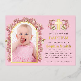 ガールバプティスピンクフローラアーチ写真の蘭金ゴールド 箔招待状