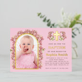 ガールバプティスピンクフローラアーチ写真の蘭金ゴールド 箔招待状 (立ち正面)