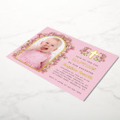 ガールバプティスピンクフローラアーチ写真の蘭金ゴールド 箔招待状 (回転した状態)