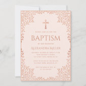 ガールバプティスピンクローズ金ゴールドエレガント離れヴィンテージ 招待状 (正面)