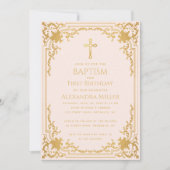 ガールバプティスファースト誕生日ヴィンテージピンクフェイク金ゴールド 招待状 (正面)
