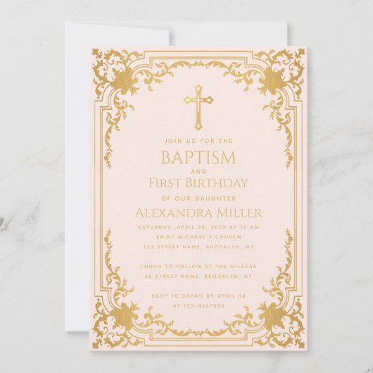 ガールバプティスファースト誕生日ヴィンテージピンクフェイク金ゴールド 招待状 (正面)