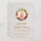 ガールバプティスフォトバラリースクロスマーブルフローラ 招待状 (正面/裏面)