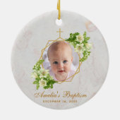 ガールバプティスフォトホワイトライリズマーブル金ゴールドフローラ セラミックオーナメント (裏面)