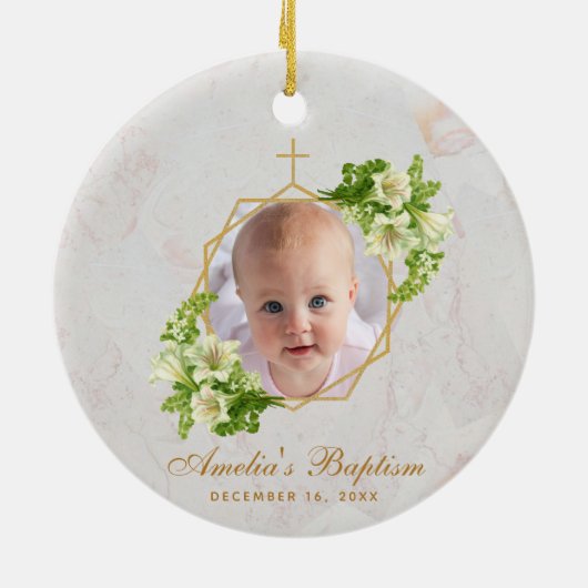 ガールバプティスフォトホワイトライリズマーブル金ゴールドフローラ セラミックオーナメント (裏面)