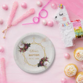 ガールバプティスブルガンディペオニーズマーブル金ゴールドフローラ ペーパープレート (パーティー)