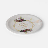 ガールバプティスブルガンディペオニーズマーブル金ゴールドフローラ ペーパープレート (アングル)