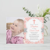 ガールバプティスマス招待状コーラルレッドアンドグレーダマスク 招待状 (スタンド正面)