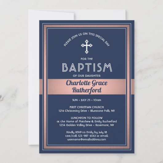 ガールバプテスマエレガントネイビーブルーピンクローズ金ゴールド 招待状 (正面)