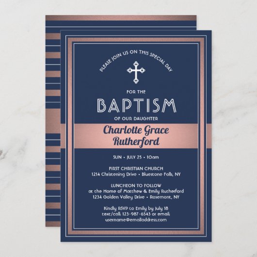 ガールバプテスマエレガントネイビーブルーピンクローズ金ゴールド 招待状 (正面/裏面)