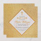 ガールバプテスマフェイク金ゴールドグリッタークロスホワイトマーブル 招待状 (正面/裏面)