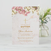 ガールバプテスマフローラピンクオーキッズ金ゴールドクロスマーブル 招待状 (スタンド正面)