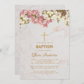 ガールバプテスマフローラピンクオーキッズ金ゴールドクロスマーブル 招待状 (正面/裏面)