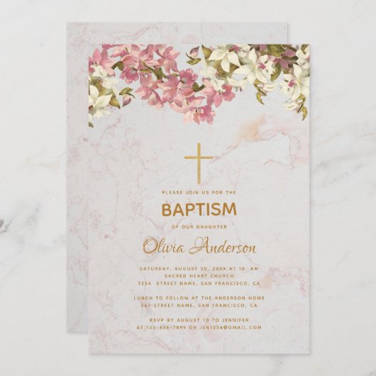 ガールバプテスマフローラピンクオーキッズ金ゴールドクロスマーブル 招待状 (正面/裏面)