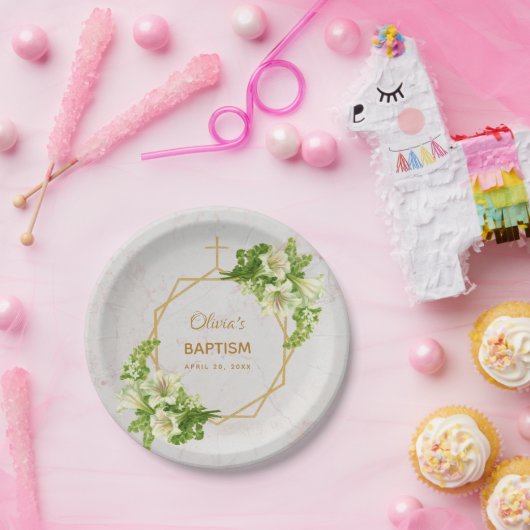 ガールバプテスマフローラリリー金ゴールド大理石幾何学模様 ペーパープレート (パーティー)