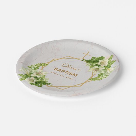ガールバプテスマフローラリリー金ゴールド大理石幾何学模様 ペーパープレート (アングル)