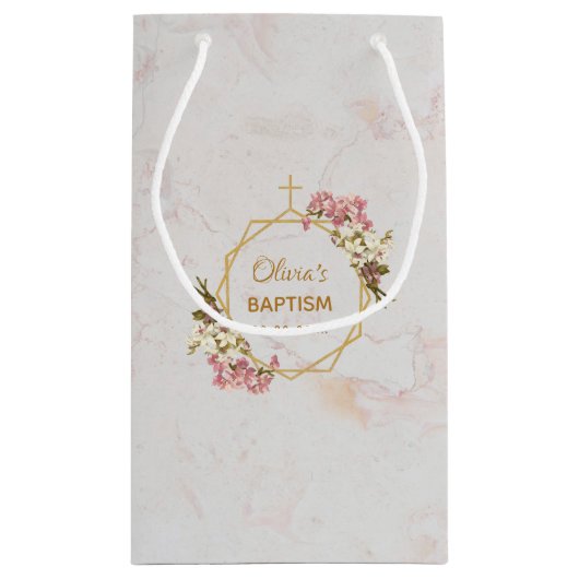 ガールバプテスマフローラ金ゴールドピンクオーキッズマーブル スモールペーパーバッグ (裏面)