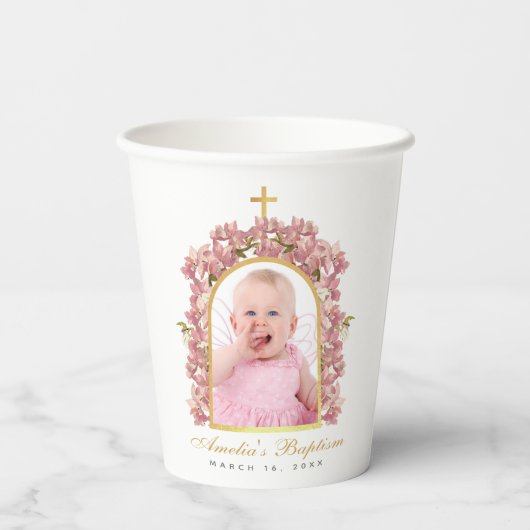 ガールバプテスマ写真金ゴールドアーチフローラピンクランP 紙コップ (裏面)
