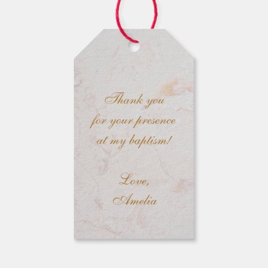ガールバプテスマ写真金ゴールドピンクオーキズフローラ大理石 ギフトタグ (裏面)