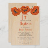 ガールバプテスマ素朴レッドポピー茶色の木のスクリプト 招待状 (正面/裏面)