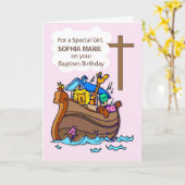 ガールバプテスマ誕生日とノアアークオンピンク カード (黄色い花)