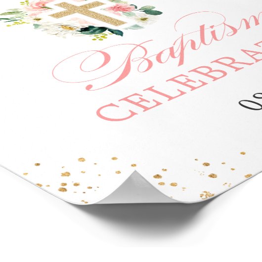 ガールバプテスマ赤面ピンクフローラ金ゴールドクロスサイン ポスター (角)