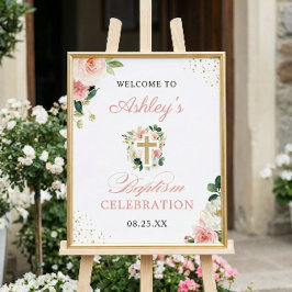 ガールバプテスマ赤面ピンクフローラ金ゴールドクロスサイン ポスター